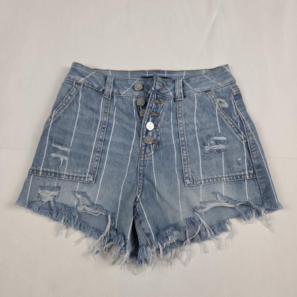 Sincerely Jules Women's Blue White Stripe Distressed Frayed Hem‎ Denim Shorts